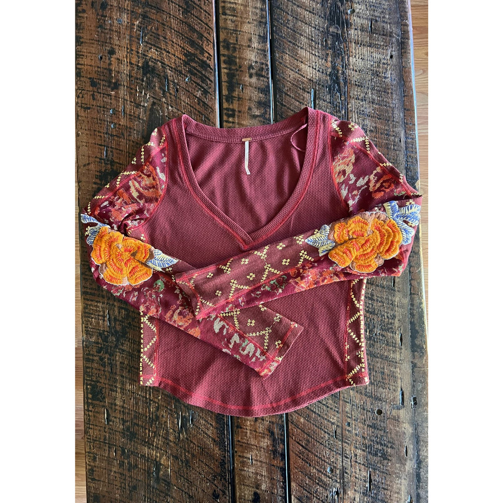 Free People Burgundy  Floral Long-Sleeved Embroidered  Amara Thermal/Henley/Top